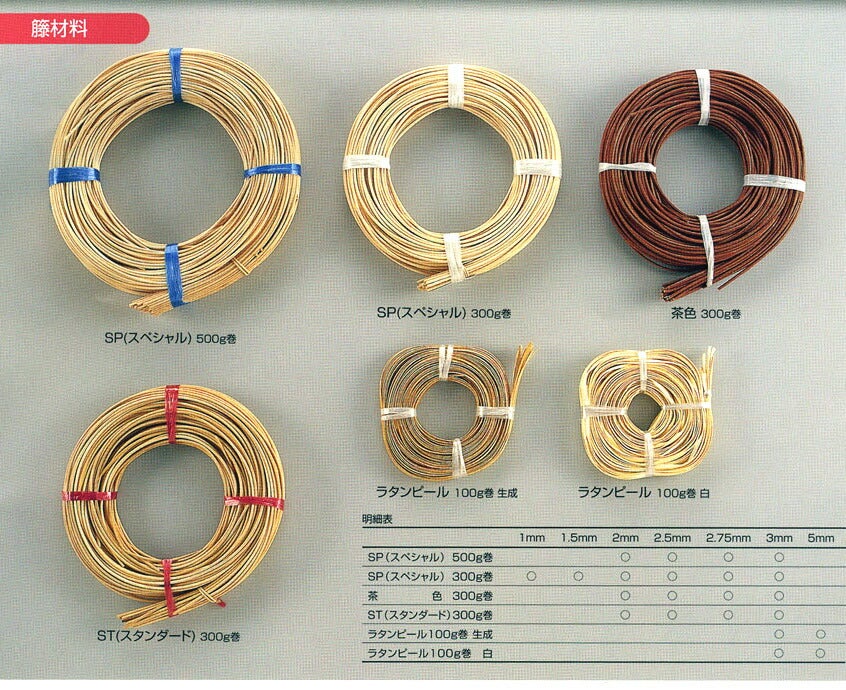 ラタン材 各1kg 2.00mm/2.50mm/3.00mm 3巻セット ラタンピール 籐皮 3mm 生成(80g)/白(100g) SH島村 手芸の山久 | 手芸